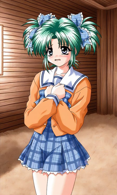 general,highres, ultra-detailed,very aesthetic,best quality ,best hands, BREAK <lora:Minase_Ruka_Akumu_AoiKajitsunoSange_IS:1>
Minase_Ruka, 1girl, solo, green hair, short twintails, blue eyes, hair ribbon, blue plaid ribbon, chibi,
school uniform, ribbon, orange sleeve, embarrassed+afraid,
outdoors,hands on own chest,, plaid skirt, plaid bow, long sleeves, serafuku, 
wood room, wood wall,