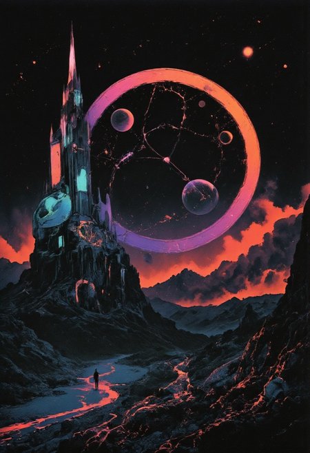 Monochrome with color, retro scan of 80s-anime-ai spectral neon Gradient ascii_art, an 80s Sci-fi Ethereal. Dark space, 80s sci-fi book artwork, lofi, neon-pastel colors, grainy, vintage.
In the vast expanse of outer space, a vibrant, colorful abyss floats majestically, bowing down toward the viewer. The abyss is rich in texture, with subtle variations in color that catch the distant starlight, creating a mesmerizing glow. Amidst a rugged Landscape scenery beneath a translucent high volumetric Cloudy Sky - A towering structure, resembling a phallic symbol, stands prominently, reaching toward the high clouds. Its surface features intricate patterns and modern elements, including sleek glass windows that reflect the starlit cosmos around it.
In the foreground, a buxom woman is seen from behind, showcasing her curves and the smooth contours of her back, thighs, and rounded derrière. Her figure exudes strength and grace against the cosmic backdrop, enhancing the ethereal quality of the scene.
Amazing quality, masterpiece, best quality, hyper-detailed, ultra-detailed, UHD, perfect anatomy, portrait, dof, hyper-realism, majestic, awesome, inspiring.