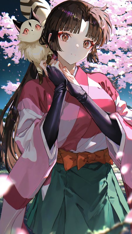 (artist:[diyokama|fuzichoco|yoneyama mai|lam \(ramdayo\)|quasarcake]:0.8), (takahashi rumiko \(style\):1.2),
kirara \(inuyasha\), sango \(inuyasha\), 1girl, brown eyes, looking at viewer, long hair, solo, long sleeves, closed mouth, parted bangs, bridal gauntlets, black hair, brown hair, fox, kimono, green skirt,
dark, depth of field, outdoors, scenery, cherry blossoms,
masterpiece, best quality, very awa, absurdres
<lora:noobai_vpred_1_inuyasha_v1:1>
<lora:noobai_vpred_1_masterpieces_v1:1>