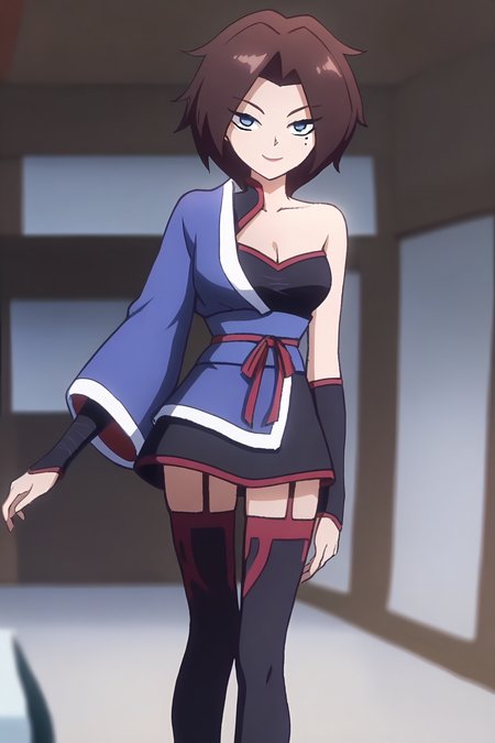 <lora:meihuashiyi:1>,meihuashiyi,1girl,solo,blue eyes,mole under eye,brown hair,short hair,parted bangs,
single bare shoulder,cleavage,collarbone,meihuashiyi,thighhighs,garter straps,japanese clothes,
looking at viewer,smile,, masterpiece,best quality,amazing quality,absurdres, anime screenshot, lazypos ,