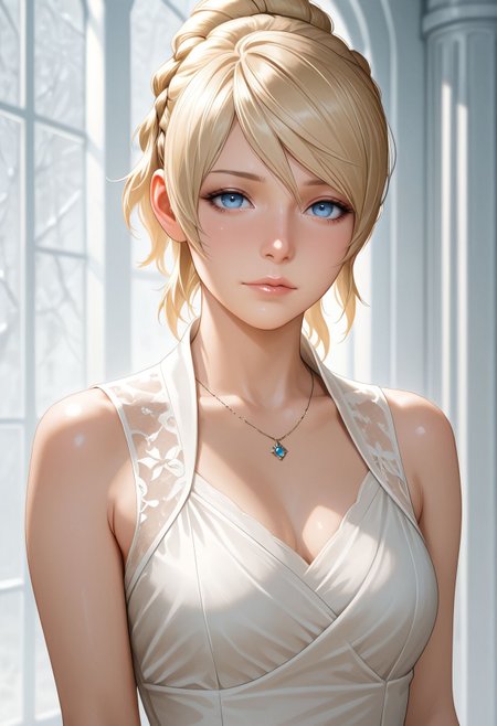 masterpiece,best quality,amazing quality, absurdres, <lora:lunafreya_nox_fleuret_ilxl_goofy:1> lunafreya nox fleuret, 1girl, solo,blue eyes, jewelry, necklace, dress, looking at viewer, lips, upper body,sleeveless, white dress