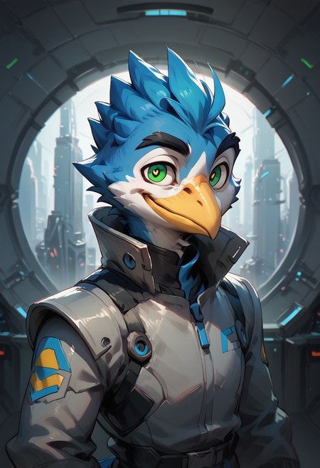 Expressiveh, solo, 
((1boy, Anthro male bird, green eyes, blue feathers, grey Talon hands,  blue eyelids, black eyebrows, white face, yellow beak, spiky head feathers, blue tail feathers, silver uniform, subtle smile, coy, kind eyes,
futuristic background, sci-fi city, utopia, upper body view, 
negative_hand, score_9, score_8_up, score_7_up,