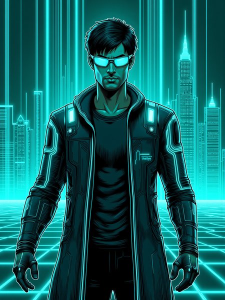 mad-cyberspace, mad-cyberspace, man wearing futuristic clothes, teal glowing outlines, teal coloring, dynamic pose, grid, cyberpunk,cityscape  <lora:Neon_Cyberpunk_Cyberspace_FLUX:0.9>