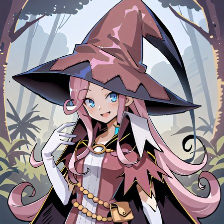 score_9, score_8_up, score_7_up, score_6_up, source_anime, BREAK, <lora:Pamela:0.90> pamdef, 1girl, pink hair, long hair, blue eyes, witch hat, witch outfit, white elbow gloves, cape, (face), (close-up), looking at viewer, smile, happy, scenery, exterior, outdoors, forest, jungle,  <lora:backgroundsetXL:0.25> , background,  <lora:ExobeloStyle:0.55>