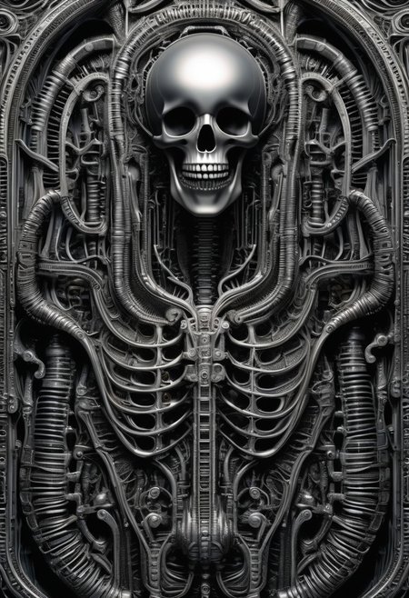detailxl, high quality,
(black blank background:1.2)
(skeleton, mechanical, bones, muscles, organs, engine, wires:1.4), 
(illustration by HG Giger:1.8)