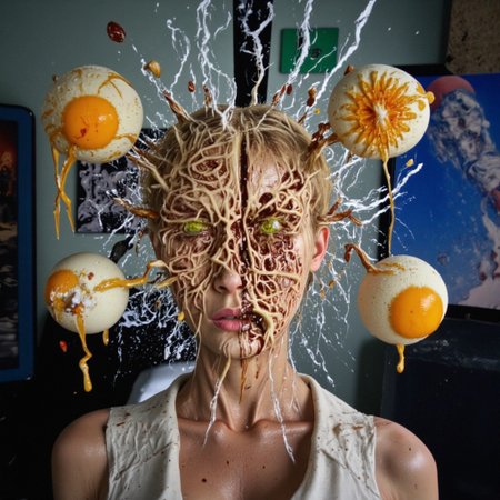 fried eggs medium wide shot of set back woman in her 20s with blond hair. face is split into four distinct cut parts like salvador dali's painting 'madonna in particles', each part with very sharp lines so you can see the cutaway of the face like a science diagram. very strange surrealist style with holographic vortex featuring swirls of holotropic colour and glowing eyes wet distorted factory shot. On the television sets are glowing hands, with electricity coming off the finger tips. swirling around her head are holograms of  glyphs chaos magick symbols. the room has thick electicity cables and smoke is coming off them. large fried eggs are floating in the air, dripping gooey cracked eggs, there are multiple eggs floating. on the wall in the background are photos of nuclear explosions