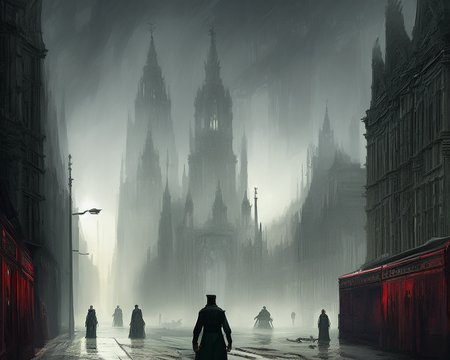 victorian london street, cathedral, art by thishonor, dystopian, rainy, dramatic lighting