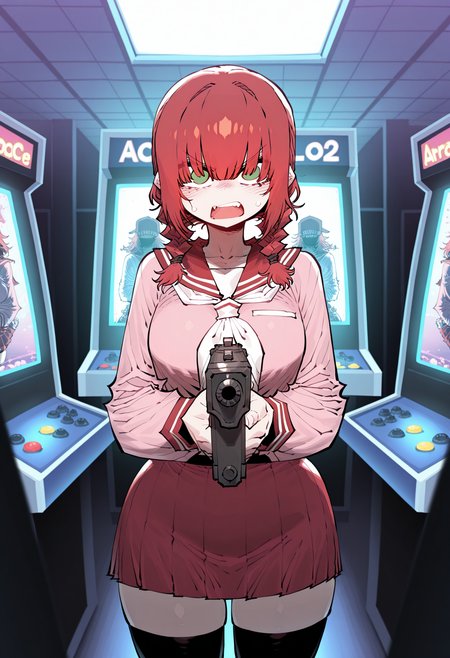 solo,
1girl, green eyes, odd eyes , red hair, medium hair , twin braids, hair over eyes, covered eyes, blunt bangs, breasts,
red skirt, red sailor collar, long sleeves, serafuku, pleated skirt,thighhighs, pink shirt,
holding gun, looking at viewer, open mouth, blush, angry,
cowboy shot, arcade hall, crowded,
<lora:SSAMBAteaIL-style:1>, ssambatea,masterpiece,best quality,amazing quality,