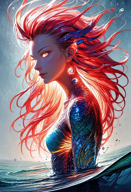 (score_9, score_8_up), score_7_up, zPDXL, solo, <lora:MythAnim3Style:0.8>, MythAn1m3,  source_anime, 1girl, mermaid, dark mysterious backgroud, Iridescent eyes, aquatic scene, dreamlike atmosphere, mystical, ethereal light, detailed textures, whimsical, rippling, dripping, water element, very long cascading hair, water, very beautiful, sexy, sexy body, beautiful body, scales, wet body, Iridescent scales, bubbles, water drops, Iridescent skin, multi colored eyes, partially underwater shot, watce, bioluminescent skin, bioluminescent, glowing, bioluminescent scales, bioluminescent hair,  FastNegativeV2, laser light clothes, submerged breast, water line on lense, view from under water, light hair
