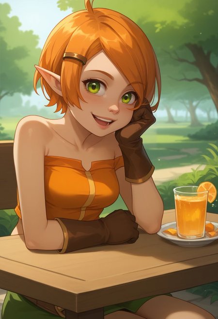 score_9, score_8_up, score_7_up, source_anime, 1girl, cradef, small breasts, green eyes, orange hair, short hair, pointy ears, hairclip, hair ornament, bare shoulders, orange crop top, midriff, navel, brown gloves, belt, green skirt, boots, brown footwear, sitting, on chair, table, head rest, elbow rest, smile, open mouth, looking at viewer, outdoors, portrait, close-up, upper body, facing viewer, <lora:Cra_v1-000010:1>