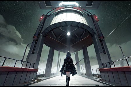 highly insanely detailed, masterpiece, top quality, best quality, highres, 4k, 8k, RAW photo, (very aesthetic, beautiful and aesthetic),  
tsutomu nihei,nihei_tsutomu,blame!,blame gakuen!,abara,TNstyle,sidonia_no_kishi,concrete walls,metal walls,bridge,machinery,wire,letterboxed,ventilation fan,ventilation shaft,dome,lantern,cables,tubes,industrial pipes,fence,star \(sky\),starry sky,gauna,gauna mech,toha heavy industries,walkway,dark sky,black sky,foggy,fog,mist,smoke,steam,drainpipe,clouds,light particles, 
<lora:blameLora_v10:0>, 
(1girl:1.3), 
solo focus, 
(pure green background,transparent background:1.2),âââ