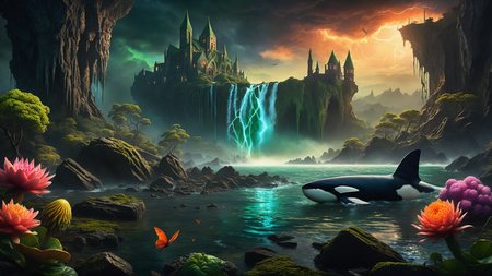 Hyperrealistic art A dark and atmospheric scene inspired by H.P. Lovecraft's "The Call of Cthulhu." In the foreground, the ancient, crumbling city of R'lyeh rises from the depths of the ocean, with its non-Euclidean architecture and impossible angles, covered in seaweed and strange, glowing algae. Towering above the city, the monstrous figure of Cthulhu emerges from the water, his grotesque, squid-like head with writhing tentacles, and massive bat-like wings casting a shadow over the landscape. His eyes glow with a malevolent, otherworldly intelligence. The sky is dark and stormy, with lightning illuminating the chaotic, nightmarish scene. Jagged rocks and towering waves crash around the city, adding to the sense of impending doom. The background features a turbulent ocean and a chaotic, swirling sky filled with dark clouds and flashes of lightning. The atmosphere is filled with a sense of cosmic dread and horror, capturing the terrifying and unfathomable nature of Lovecraft's universe. The overall style is highly detailed and realistic, emphasizing the ancient, alien nature of R'lyeh and the monstrous presence of Cthulhu. 
 <lora:Enhanced_XL_V1:0.8> enhanced, Hyperrealistic art Hyperrealistic art A stargate bustling futuristic cityscape, floating in post-nuclear war destroyed world with nuclear fallout, creating a juxtaposition between advanced technology and human greed, complete with hyperrealistic detail, cinematic lighting and vibrant colors <lora:world_glass:1>, dynamic, cinematic, masterpiece, intricate, hdr, . Extremely high-resolution detail, photographic, realism taken to the extreme, fine texture, incredibly lifelike . Extremely high-resolution details, photographic, realism pushed to extreme, fine texture, incredibly lifelike, RAW Proffesional Photography of a landscape, Long shot, __Kamera__, (comet:0.1), (flowers:0.1), (water lilies:0.1), (insects:0.1), (animals:0.1), (birds:0.1), (waterfall:0.1), (Fish in water:0.1),(Tundra:0.1), (Desert:0.1), (Rainforest:0.1), (Mountains:0.1),  ( Frontal fog:0.1), (Waves:0.1), (Stars:0.1), Sunny, psychedelic, entropy, shallow depth of field detailed background, dark noir style, HDR, RAW, ray tracing reflections, sharp focus, ultra realistic, 12k  <lora:add-detail-xl:1>, cinematic photo, a extreme deep underwater world in which occasionally (full body view of a Orca:2.0), coral reefs, algae, underwater plants, colorful fish, The scene features clear water with (random time of day, random weather:1.3), love and entropy are depicted throughout the scene, with mini insects and microcosms complementing the detailed background, HDR, RAW, ray-traced reflections, sharp focus and ultra-realistic detail, 35mm photograph, film, bokeh, professional, 4k, highly detailed
<lora:SDXLHighDetail_v5:1> <lora:more_details:1>, nsfw, Raw poster, concept art, landscape, psychedelic, Raw poster, concept art, landscape, psychedelic, depicting a two-part scenario of the same scene: in the upper half, a dark magic ocean  lonely islands with palms, coconut trees, waterfalls, flowers, insects, birds, where dolphins play in the waves and the occasional shark fin breaks the surface; transitioning seamlessly into the lower half, a microcosm of an very deep and very dark underwater world with (colorful fish, mystical lights, coral reefs, seaweed, underwater plants:1.3),  and occasional (orcas:0.9) and sharks gliding through the depths., foggy, random weather, random daytime,  (love:1.3), (spring saeson in the ball:1.3), entropy, (mini insect:0.1), shallow depth of field detailed background, sunshaft, surreal, dark noir style, HDR, RAW, ray tracing reflections, sharp focus, ultra realistic, 12k
<lora:dreamcolor:0.3> <lora:EDG_-_Test_Lora:0.3> <lora:more_details:0.3>, Raw poster, concept art, landscape, psychedelic, Cloudy,Twilight, Crescent moonlight,beautiful waterfall in the middle of a forest, swiss landscapes, (love:1.1), Ice fog, entropy, (mini insect:0.1), (shallow depth of field detailed background:1.2), dark noir style, HDR, ray tracing reflections, sharp focus, ultra realistic, 12k <lora:add-detail-xl:1><lora:LowRA:1> <lora:more_details:1> ,m0nst3rfy3 <lora:m0nst3rfy3(0.5-1)M:1>, <lora:SDXLHighDetail_v5:1> . Extremely high-resolution details, photographic, realism pushed to extreme, fine texture, incredibly lifelike