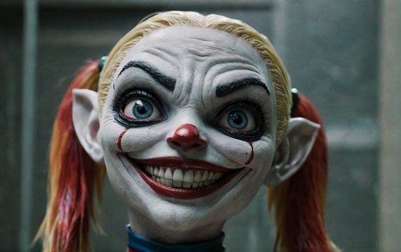 gritty smiling alien harley quinn species head close-up, highly detailed, clean <lora:alien-species:1>