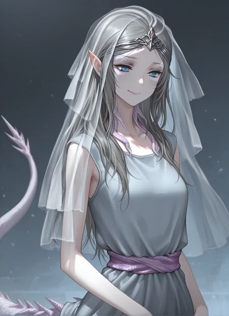 masterpiece, best quality,1girl,upper body, yorshka, solo, long hair, blue eyes, dress, pointy ears,standing,  smile, veil,tail, <lora:Yorshka:1>