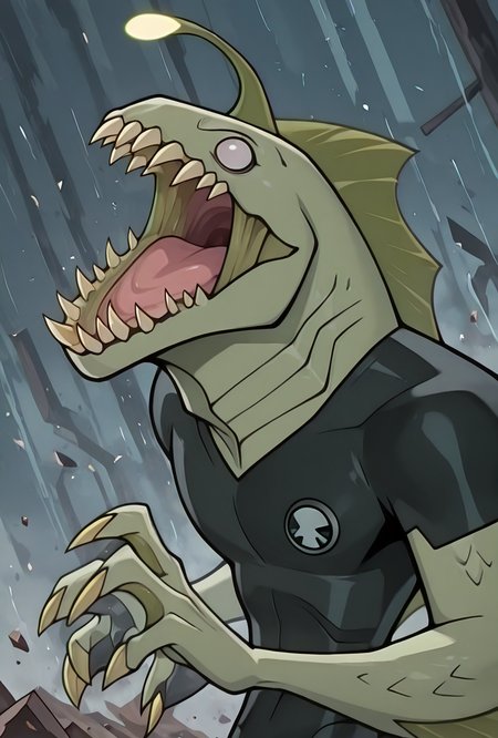 <lora:ripjaws-08:1> ripjaws, sharp teeth, solo, claws, 1boy, light green skin, no humans,  shockwaves, concentric rings, debris, upper body, open mouth,  <lora:Total_Drama_Island_Illustrious_SD8:1>, masterpiece, best quality, amazing quality, very aesthetic, absurdres, newest,