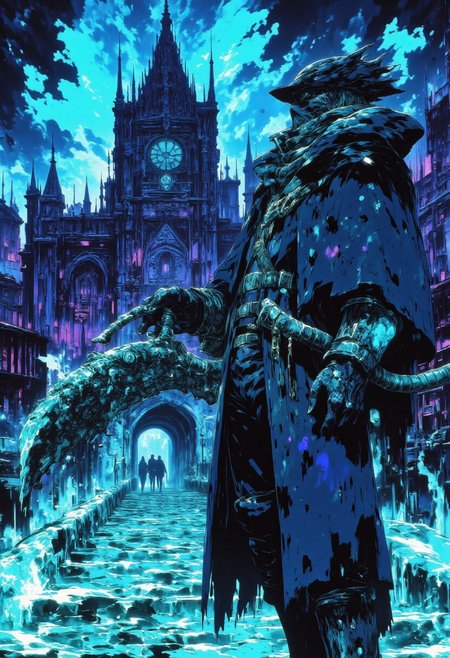 AmanoER, The Hunter a character from Bloodborne is featured in a digital painting in a dark fantasy style depicting a nighttime gothic scene. The central focus is a grand, Gothic-style, ornate cathedral with intricate, pointed arches, spires, and stained glass windows. The gothic cathedral has a glowing aura of ethereal white-blue light. 
In the foreground, The Hunter a character from Bloodborne stands on a weathered cobblestone path leading to the cathedral. He is dressed in a long, dark coat, black pants, long gloves, and boots. He holds a glowing Hunters weapon in his hand, and his face is obscured by a dark wide-brimmed hat and scarf, giving him a mysterious and ominous appearance. The Hunter is a tall, imposing figure. His presence is menacing and commanding.
The background includes a faint, misty silhouette of a city with tall, spire-like, gothic buildings, adding to the eerie atmosphere. The overall color palette is dominated by cool blues and purples, dark blues and blacks, with occasional bright, glowing accents from the cathedral and the figures' swords, enhancing the cold, mystical feel of the scene.
the eerie white-blue light is for the vibrant background and for splatters, with additional splatters of black, purple, and dark blue, evoking a sense of chaos and intensity,The Hunter, The Hunter a character from bloodborne, CAICO