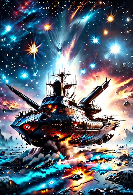 high quality, 8K Ultra HD, highly realistic, The great and sleek black ship is moving forward, blasting through space. It has powerful cannons facing forward that are unleashing powerful blue neutron beams upon an unseen foe. Embark on an enchanting 8K photorealistic journey as a magnificent starship blasts through a star system.  The ship gracefully flies among other ships. The starship's design boasts advanced technological elements. The camera captures every minute detail, by VelvetS, octane render,from slightly to the side.  perfectly symmetrical ship.  Weapons fire blue energy beams, 
<lora:DonM3t3rn1tyXL-v1.1:0.7>, DonM3t3rn1tyXL,
OverallDetailXL  <lora:MJ52:0.3>  <lora:SDXLFaeTastic2400:0.4>