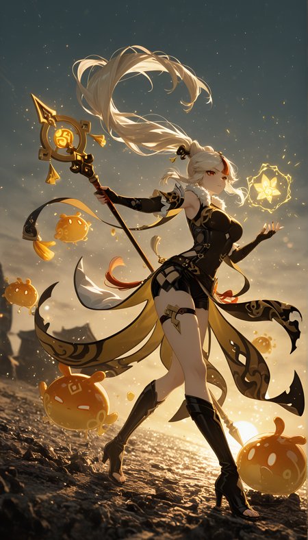 barefoot, light skin, 8K, high ponytail, Rule of thirds, fingerless_gloves, newest, cat_girl, motion_blur:1.1, Bright Gold Theme, glow, casting spell through glowing crystal staff, slime_(creature), Ningguang (Genshin Impact), leather_shorts, nail_polish, multiple others, Peek-a-boo split hair, absolutely eye-catching, large breasts, torn_top, boots, blurry background, Sky filled with ghostly echoes of extinct birdsong., very long hair, vhs tape aesthetic, amazing quality, motion_lines:1.1, Silent Assassin, dusk, RTX, ambient occlusion, arched back enticingly, slime_(creature), absurdres, ultra-detailed, Glamour Lighting / Hollywood Lighting, masterpiece, anime character, depth of field, best quality, very aesthetic