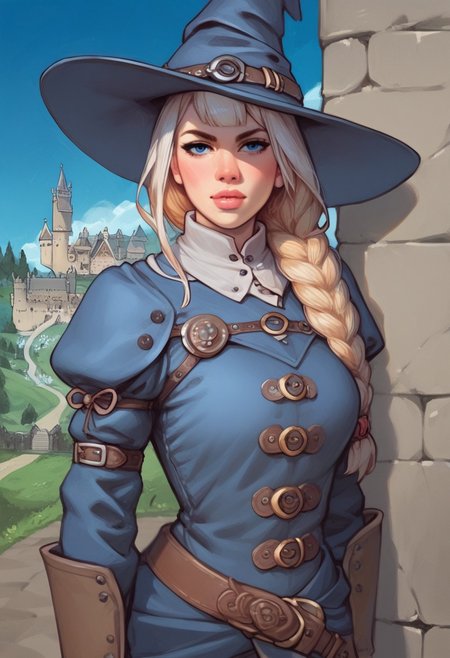young woman, solo, Looking at viewer, Masterpiece a stunning female witch, ((full clothed witch outfit with armor, witch hat)), Blue eyes, long bob white hair with bangs, Dynamic action pose,
(Holding a huge sword:1.5)
Background: (Medieval castle, night sky: 1.9)
score_9, score_8_up, score_7_up, score_6_up, source_cartoon, rating_explicit, Expressiveh, (((((upper body))))), dynamic pose
 <lora:Dynamic Poses:1>
 <lora:detailed_notrigger:1>
(((full clothed)))
score_9, score_8_up, score_7_up, score_6_up, source_cartoon, rating_explicit, Expressiveh, (((((upper body, action pose))))), dynamic pose