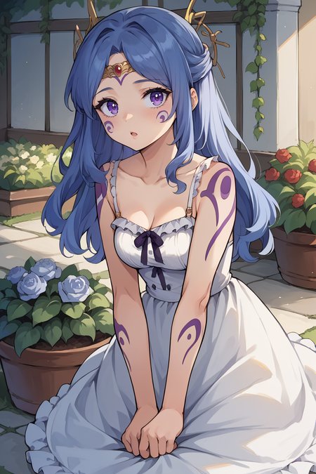 score_9, score_8_up, score_7_up, score_6_up, source_anime BREAK 1girl, solo   <lora:tialuna-pdxl-nvwls-v1-000006:1> tialuna, blue hair, purple eyes, facial mark, tattoo, circlet, hair ornament, white sundress, frills, spaghetti straps, looking at you, garden, chestnut mouth