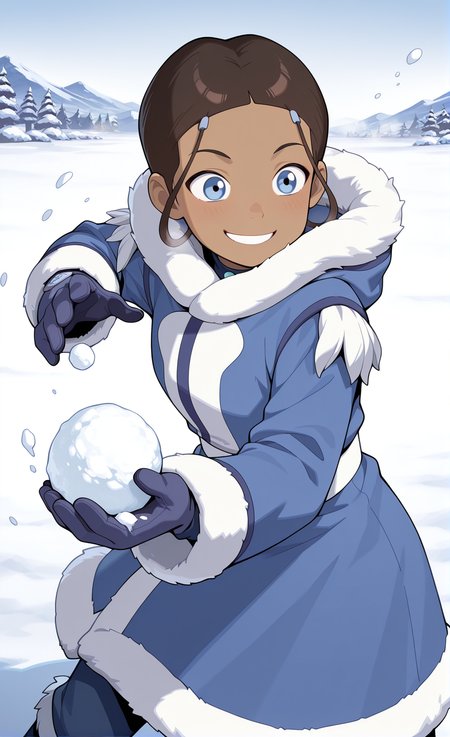 masterpiece,best quality,amazing quality, absurdres, solo, 1girl, <lora:IlluKatara:1> illukatara, dark-skinned female, brown hair, blue eyes, gloves, coat, winter clothes, smile, outdoors, snow, holding, snowball, throwing,