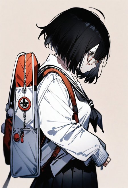 masterpiece, best quality, illustration, konya karasue, 1girl, solo, short hair, skirt, simple background, black hair, school uniform, pleated skirt, glasses, serafuku, black skirt, bag, from side, neckerchief, sleeves past wrists, profile, bob cut, backpack