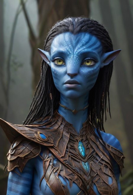 female Avatar navi alien with blue skin, dynamic, moody, shadows, dark, sinister, highly detailed, natural bark armor breastplate, digital painting, artstation, concept art, smooth, sharp focus