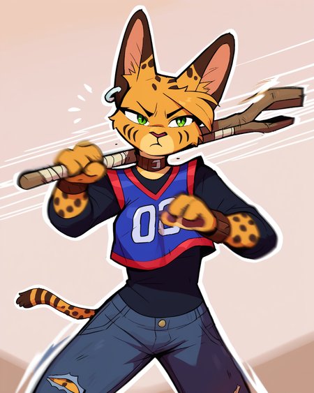 score_9_up, score_8_up, score_7_up, score_6_up, by remanedur, half-length portrait, medium breasts, brown choker, serval, green eyes, female, tail, 4 fingers, holding object, holding weapon, bo staff, holding melee weapon, motion blur, motion lines, narrowed eyes,  jersey, ear piercing, brown bracelet, bracelet, collar, denim bottomwear, denim jeans, ripped jeans, brown ears, brown spots, facial markings, topwear, tail, solo, action pose, three-quarter view, head tilt, simple background, white outline,  <lora:Leah_Pines(AIM)_XL_v1:0.15> <lora:PDXL_artist_tags_v2_big:0.5> <lora:The-Minuscule-Task_PDXL_v1.0:0.6>  <lora:Pepper_Paminta_Ruffu:0.65>