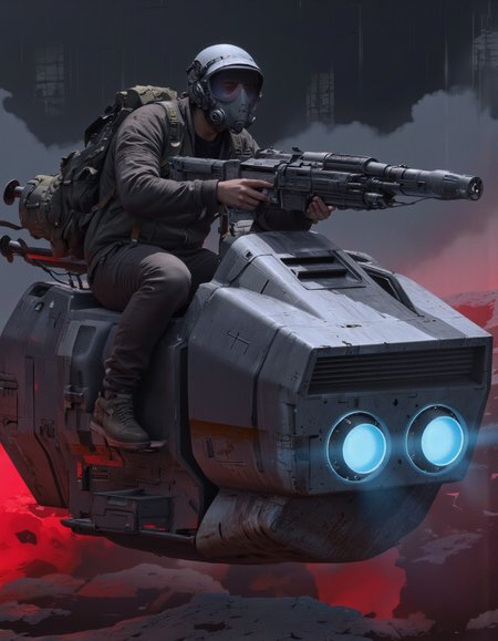 By Paul Chadeisson. A digital illustration shoot from a low angle about a futuristic soldier riding a futuristic armored vehicle with a gas mask, set against a dark, smoky background with red and blue lights. the image also shows dynamic lighting effects. on the center of the image, a 1boy, who appears to be in his mid-twenties, is sitting on a futuristic vehicle, wearing a dark military-style jacket and a helmet, with a backpack on his back. he is holding a large, futuristic machine gun in his right hand and is positioned in the middle of the frame. the vehicle has a sleek, metallic design with blue and red lights emanating from the front, giving it a futuristic and advanced look. the background is filled with abstract shapes and textures, and the overall atmosphere is dark and moody, with dramatic lighting effects adding to the futuristic feel.