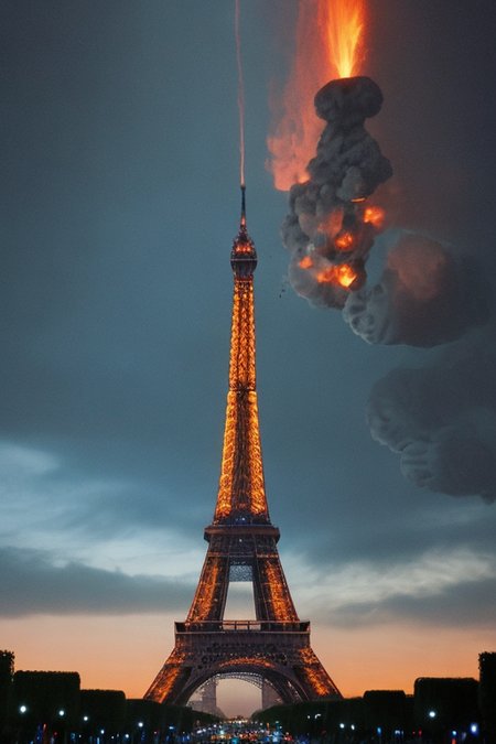 A photo of a futuristic setting, aliens, war, one Tour Eiffel, fire