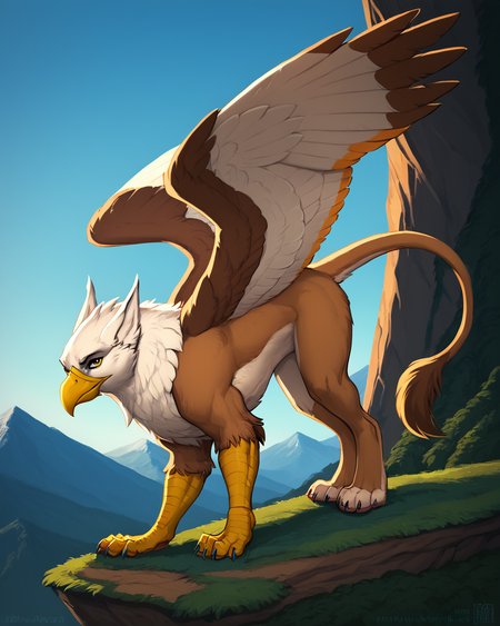 score_9, score_8_up, score_7_up, intricately detailed, 
<lora:ZaushAdam_Wan_for_PonyXL:1>, zaush
low angle shot, 
1boy(feral furry, gryphon, solo, closeup, side view, eagle head, large wings folded behind his back, active pose, looking at the viewer, solo, standing on all fours on a mountain cliff, full body, rating_safe), beautiful forested mountains, fantasy world, summer, sunshine, epic lighting|
<lora:xl_more_art-full_v1:0.4>, 
<lora:add-detail-xl:0.4>
