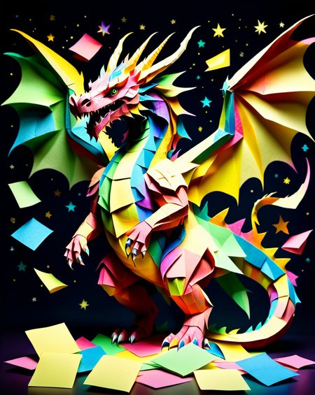a massive colorful dragon with fine scales made out of Jed-StickyN, dynamic pose, dynamic angle, dark fantasy, epic, intricate details, ultra wide shot, zoomed out, (front view:1.3) with wings spread wide, 
<lora:StickyNotesStyle:1>,  <lora:add-detail-xl:0.7>,  <lora:sd_xl_dpo_lora_v1:1>, <lora:xl_more_art-full_v1:0.3>,  set against a  background of a starry sky,