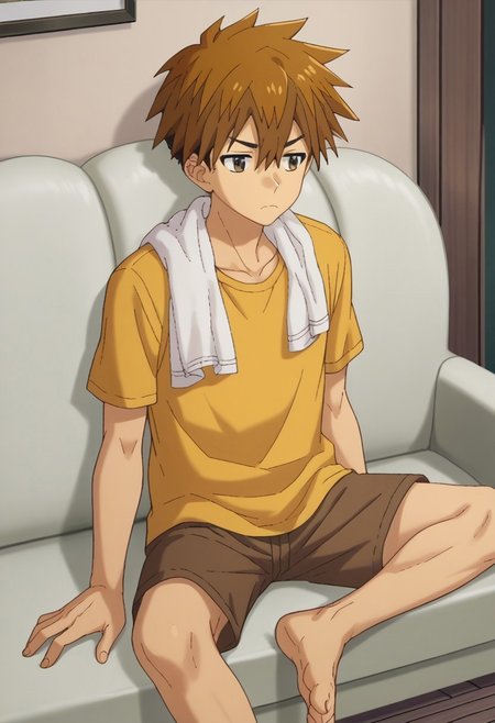 score_9, score_7_up, source_anime, 

yokoya, 1boy, male focus, solo, brown eyes, brown hair, hair between eyes, short hair, shirt, t-shirt, yellow shirt, short sleeves, shorts, brown shorts, barefoot. towel around neck, frown,


indoor, couch, sitting,