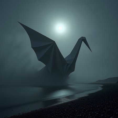 Chiaroscuro Lighting Style, LowKeyLights_v2, On a dim, ominous moonlit night, a gigantic origami crane looms over the nearshore waters of the Scottish Highlands. Partially covered in shadows and shrouded in swirling mist that rises eerily from the sea, the craneâs stealthy presence is unsettling, evoking a sense of unease and dread. The faint, dull glow of the moon casts a pale light, subtly outlining the sharp, angular lines of the paper crane, making it appear both ghostly and formidable. The mist wraps around the crane, obscuring parts of its form, as if the creature is emerging from or retreating into the darkness. The scene is heavy with an ominous atmosphere, where the stillness of the night and the hidden details within the fog amplify the terror of the unknown  <lora:Chiaroscuro Lighting Style v1:1>  <lora:low-key_lights_v2:0.2>