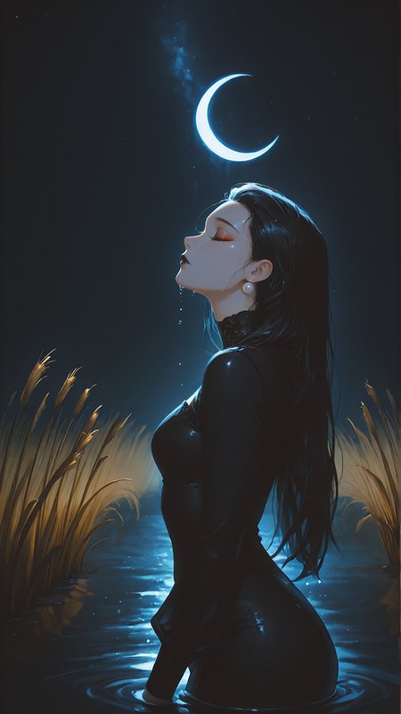 1woman, dark theme, (painterly:1.2, pastel \(medium\):1.3), portrait, <lora:add-detail-xl:1>,
masterpiece,best quality, absurdres,
black hair, long hair, wet hair, hair slicked back, (head tilted back), closed eyes, red eyeshadow, fading eyeshadow, black lips, closed mouth, black dress, tight dress, wet dress, long sleeves, hair behind ear, pearl earrings, water drops, water trail,
emerging from water, reflective water, tall reeds, moonlight, crescent moon, starry sky, elegant posture, soft shadows, eerie atmosphere, teal atmosphere, ethereal, mythical presence, gothic beauty, highly detailed, moody
from side, side profile
