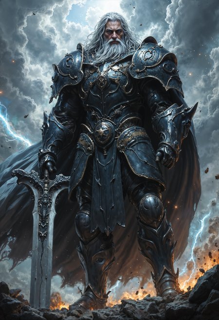 A powerful and imposing image of Dalinar Kholin, the legendary Blackthorn, standing in full Shardplate on a shattered battlefield. His massive, intricately detailed armor gleams with a dark, stormy sheen, bearing the scars of countless battles. His stern face is framed by a silver mane of hair, and his intense, weathered eyes reflect his unwavering resolve and the burden of leadership. In his hands, he grips Oathbringer, his colossal Shardblade, which glows faintly with a menacing, ethereal light. The background is filled with swirling storm clouds and flashes of lightning, setting a dramatic, war-torn atmosphere. Dalinar stands tall and unyielding, embodying the strength, honor, and inner conflict of a warrior turned highprince, determined to unite a fractured kingdom against overwhelming odds.