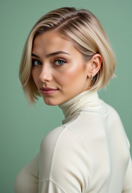 headshots,Hyperrealistic, she is smiling, dynamic angles, multiple angles, photoshoot poses;  A photo of BLFHD02Wbdy, a woman with short blonde hair and green eyes,  a woman wearing a white turtleneck and busty breasts, Simple light green background, and the lighting is soft, creating a dramatic effect., creating a focused and dynamic pose.; the scene is set in a beautiful well-lit environment, with a sense of action and adventure. Style: realistic hyper-detailed rendering, 32k UHD, expressive eyes, punk, graphic design, girl's face, pretty and cute, gleaming lips, telling a tale of adventure. Exuding confidence and serenity. The overall mood of the image is happy and relaxed, detailed skin texture,(blush:0.2),(goosebumps:0.3), subsurface scattering,with a playful and whimsical tone,perfect hand, hand, detailed hand,niji style,retro50s_style,

