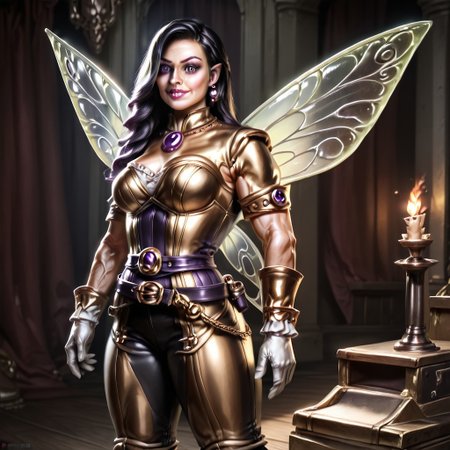 Action scene, Photo realistic, hyper realistic, score_9, rating_safe, solo (arch fey woman, (beautiful detailed face), (violet eyes), (bronze metallic gold skin ral-polishedsteel), (pirate, white blouse, black pants, gloves), (fairy wings), (long black hair), (thick thighs | large muscles), (sword belt)), standing next to a throne, in a detailed throne room, hi res, hi quality, 4k, realism
