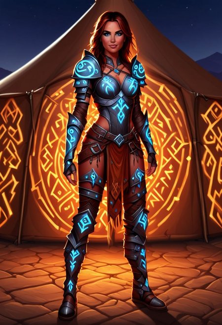 1woman, nomadic dancer, Flashfire glowing runes, digital art, cartoony realism, full body leather armor, background is nomadic tents