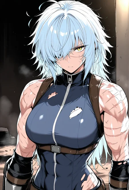 (masterpiece, best quality, ultra-detailed:1.4),
solo,1girl, (light blue hair:1.3), short messy hair, bangs,
(yellow eyes:1.5), (battle-worn expression:1.3), (scar over one eye:1.5), (intimidating aura:1.3),
(hair covering one eye:1.5), (bangs covering left eye:1.4), (left eye obscured by hair:1.4), (hair over eye:1.3),
(battle-hardened:1.4), (war veteran:1.3), (many scars:1.3), (visible wounds:1.2), (weathered face:1.2), (dirt and grime:1.2),
(toned arms:0.6), (muscle tension visible:0.3), (slim but athletic build:1.1), (strong female warrior:1.1), mercenary warrior
(dynamic lighting:1.3), (gritty, rough textures:1.2)
looking at viewer, (hair slightly messy:1.2), (torn and worn-out fighter outfit:1.2),
 <lora:VioletV2:1>