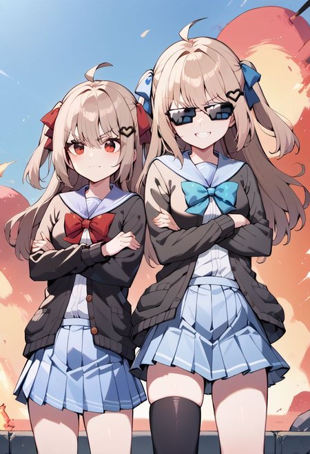 score_9, score_8_up, score_7_up, source_anime, (2girls), IncrsXLDealWithIt, sunglasses, neuro_outfit, neuro-sama, blue eyes, beige cadigan, blue ribbon, crossed arms, smug, closed mouth, BREAK evil neuro-sama, red eyes, black cardigan, blue ribbon, sunglasses, evil grin, holding a remote control, BREAK, explosion in the background, fire, dramatic pose, standing side by side, wide shot,