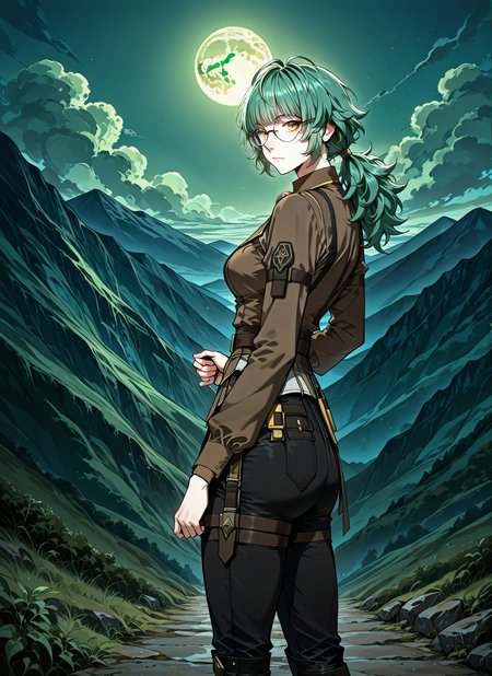 <lora:Emily_Watsken__The_Beginning_After_the_End__Illustrious:1>
1 girl, solo, yellow eyes, green hair, ahoge, low ponytail, bangs, long hair, messy hair, freckles, black pants, knee boots, brown shirt, long sleeves, collared shirt, glasses, round eyewear, belt, 
score_9, score_8_up, score_7_up, source anime, BREAK, cowboy shot, (from side), looking back, looking at viewer, overlooking mountain, high altitude, scenery, exterior, background, (solo), perfect hands, night, green moon, greenish sky, <lora:iLLMythG0thicL1nes:1>