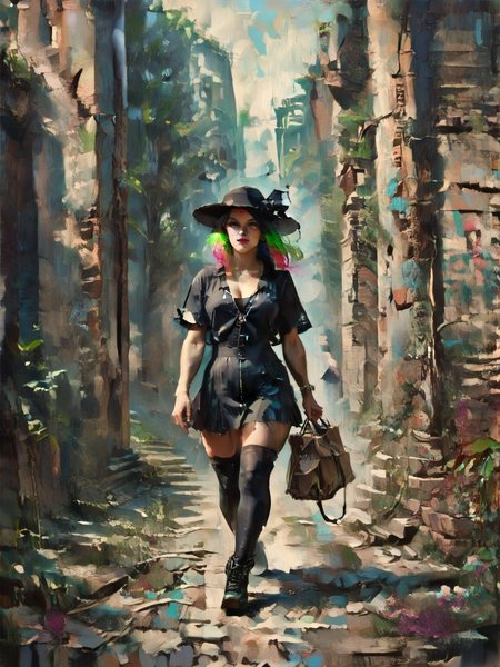 score_9, score_8_up, score_7_up, character in profile, walking, looking at surroundings, woman, pale skin, large breasts, (black sunhat, black stockings, black skirt, black top, zipper boots, neon hair color, two tone hair, <lora:OilpaintIMP:1> 0cmtr1g, 0cm, 0cm1sc, 4rch, The fall of ancient power, the towers topple, the ruins return, and she remains,highly detailed