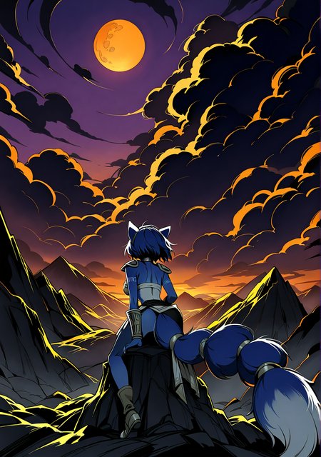 masterpiece,best quality,amazing quality, mmshd, solid black shading, krystal, star fox, solo, mountain, dark clouds, moon, gradient background, purple skies, orange skies