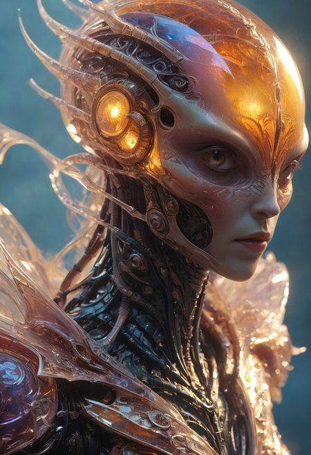 A multicolored translucent artialien, (translucent head:1.6), 
hyperdetailed realistic illustration, intricately detailed, highest quality, closeup, 
BREAK, stylized photo, ultra level of detail and precision in the art, masterpiece, mixed media, intense mood, detailed shading, 
subsurface scattering, light leaks, soft shadows, film grain, Dutch angle, narrow DoF, cinematic composition, mystic haze, dusty atmosphere, close-up, very detailed skin and scares, HDR, RAW photograph, eye catchlights, mystic haze, dusty atmosphere