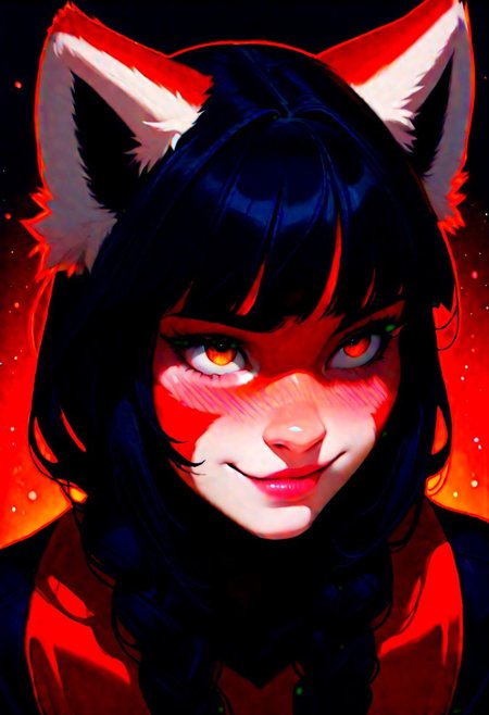 masterpiece, best quality, amazing quality, high contrast, absurdres, dynamic angle, (artist:Prywinko:0.7), (artist:Djcomps:0.7),
1girl, solo, red panda, black hair, twin braids, blush, soft smile, 
Dark theme,