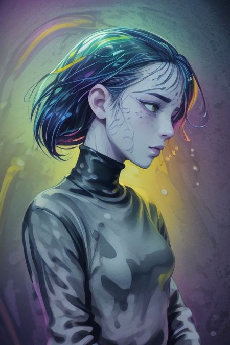 Portrait of a girl in profile, she has short straight hair, she is dressed in a turtleneck sweater, there is a decorative butterfly in her hair, black and white colors, a dramatic image, drawn with a black helium pen, thin smooth lines, (ink stains: 1.6), towards the edges the image softens, turns pale (spots of bright rainbow colors are splashed on top: 1.8)
