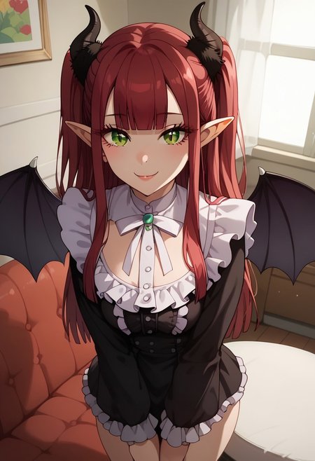 score_9,score_8_up,score_7_up,<lora:Expressive_H:1>,expressiveh,source_anime,best quality,masterpiece, high detail, high quality, high eye detail, high face detail, high body detail, depth of field, 
(1girl), ((solo)), ((adult)), 24 years old, medium breast, ((big ass)), on a bed,
<lora:Marin_Kitagawa_My_Dress-Up_Darling__-_Pony_XL:.8>, Marin Kitagawa, Liz-kyun, 1girl, (solo), ((pointy ears)), ((horns)), ((green eyes)), ((red hair)), cosplay, long hair, ((demon horns)), ((demon wings)), two side up, wings, frills, long sleeves, demon girl, blunt bangs, couch, shirt,
Look at the viewer seductive smile, 
((Dutch angle 60)), (((top view))), standing, portrait, Front view,