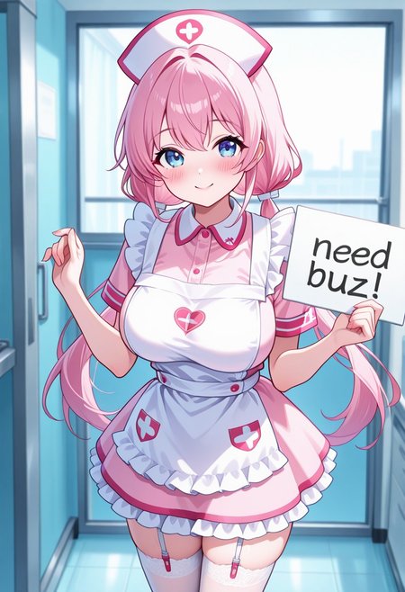 32k uhd, (masterpiece:1.2), (best quality:1.2), (very aesthetic:1.2), (absurdres:1.2), (detailed background),newest, 1girl, nurse cap, nurse dress, white apron, frilled dress, pink dress, pink shirt, pink skirt, white thighhigh, garter straps, garter belt, pink hair, low twintail ,long twintail, cowboy shot, no shoes, breast,  blue eyes, hospital, standing, looking at viewer, blush, smile,,need_buzz, holding sign