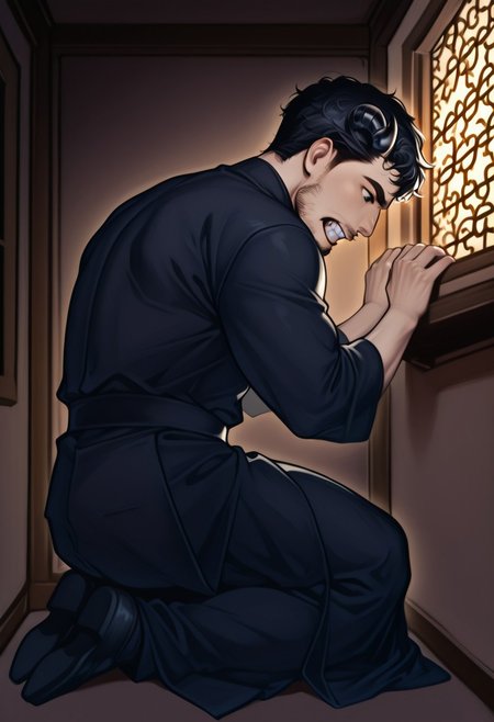 score_9, score_8_up, score_7_up, score_6_up, masterpiece, best quality, detailed eyes, detailed face, face_focus, (solo, full body, domfth transformation into demon, mid transformation, small demon horns, sharp teeth, sitting, back arched, looking at ceiling, hands on wall, side view), (SinfulConfession, confessional, dark lighting, lattice window, confession, dark room, bara, facial hair, short hair, priest clothes, black eyes, black hair), muscular male, realistic, (eyes wide open, mouth wide open, shock, paralyzed)